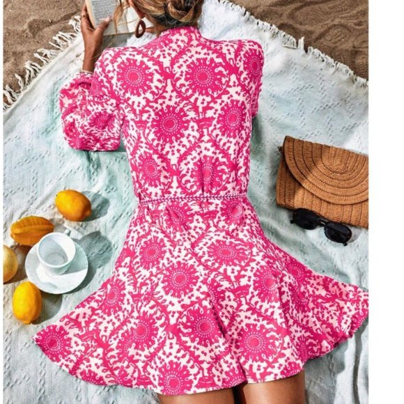 Hot Pink Boho Womens Allover Print Belted Shirt Dress - Picture 2 of 5